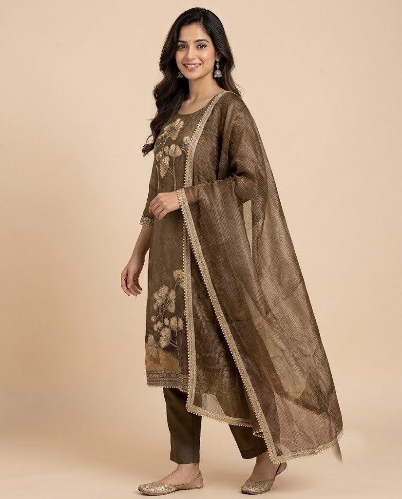 Ginkgo Leaf Embroidered Tissue Unstitched Suit Set - Image 6