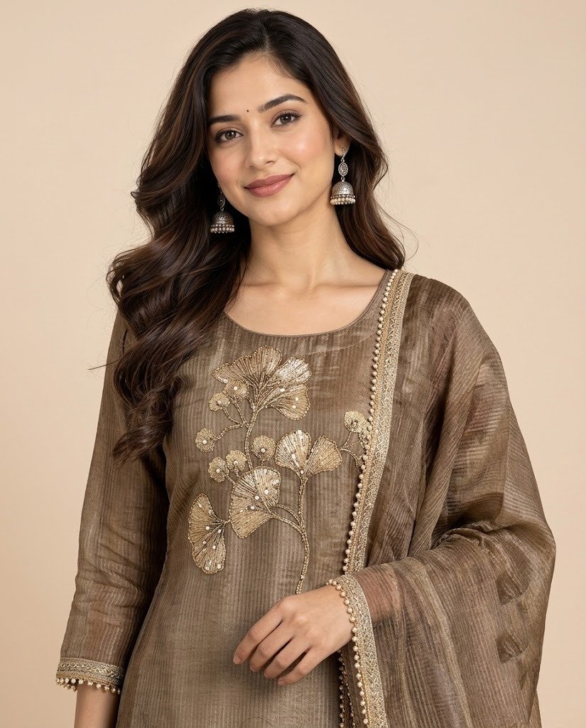 Ginkgo Leaf Embroidered Tissue Unstitched Suit Set - Image 7