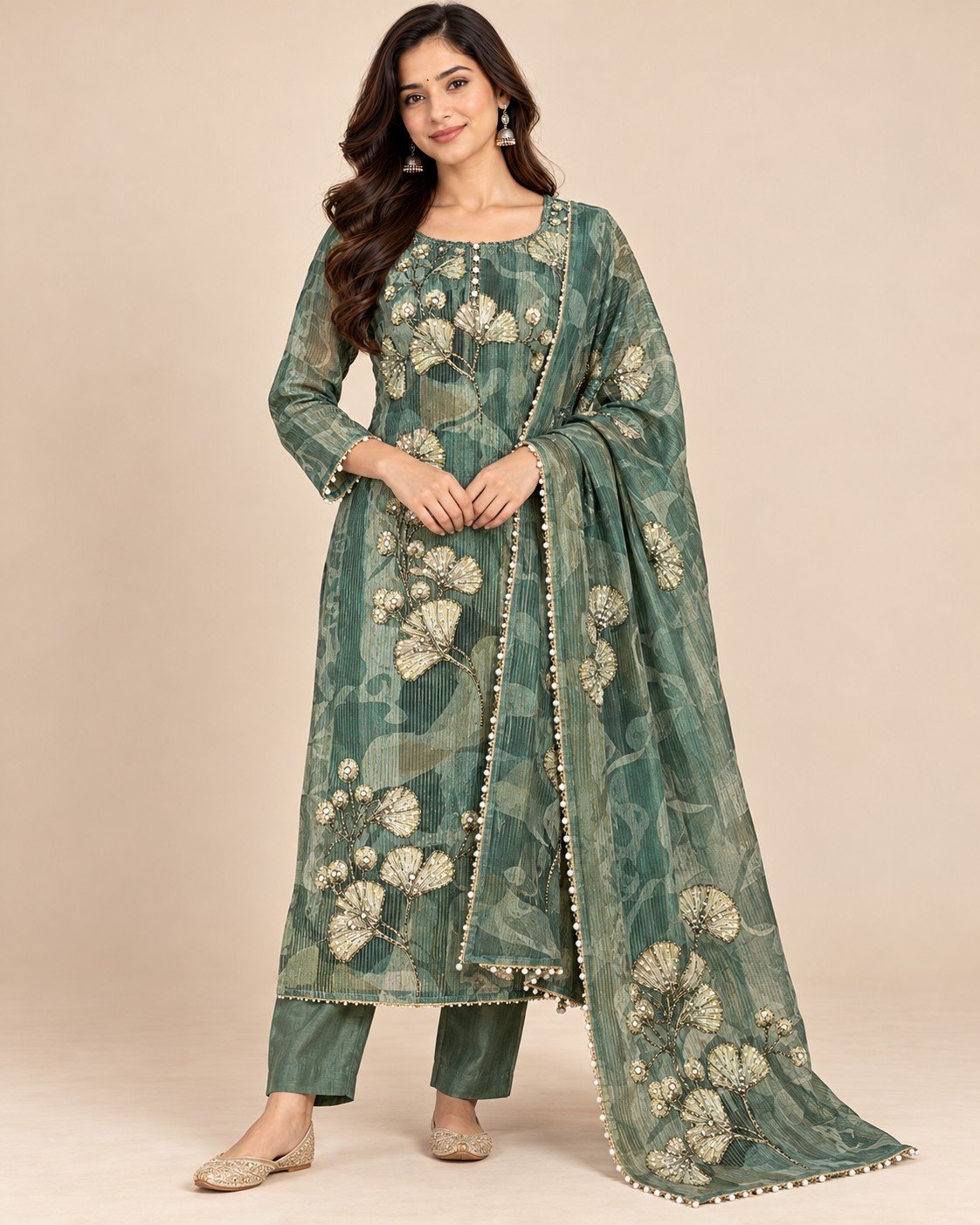 Ginkgo Leaf Embroidered Tissue Unstitched Suit Set - Image 11
