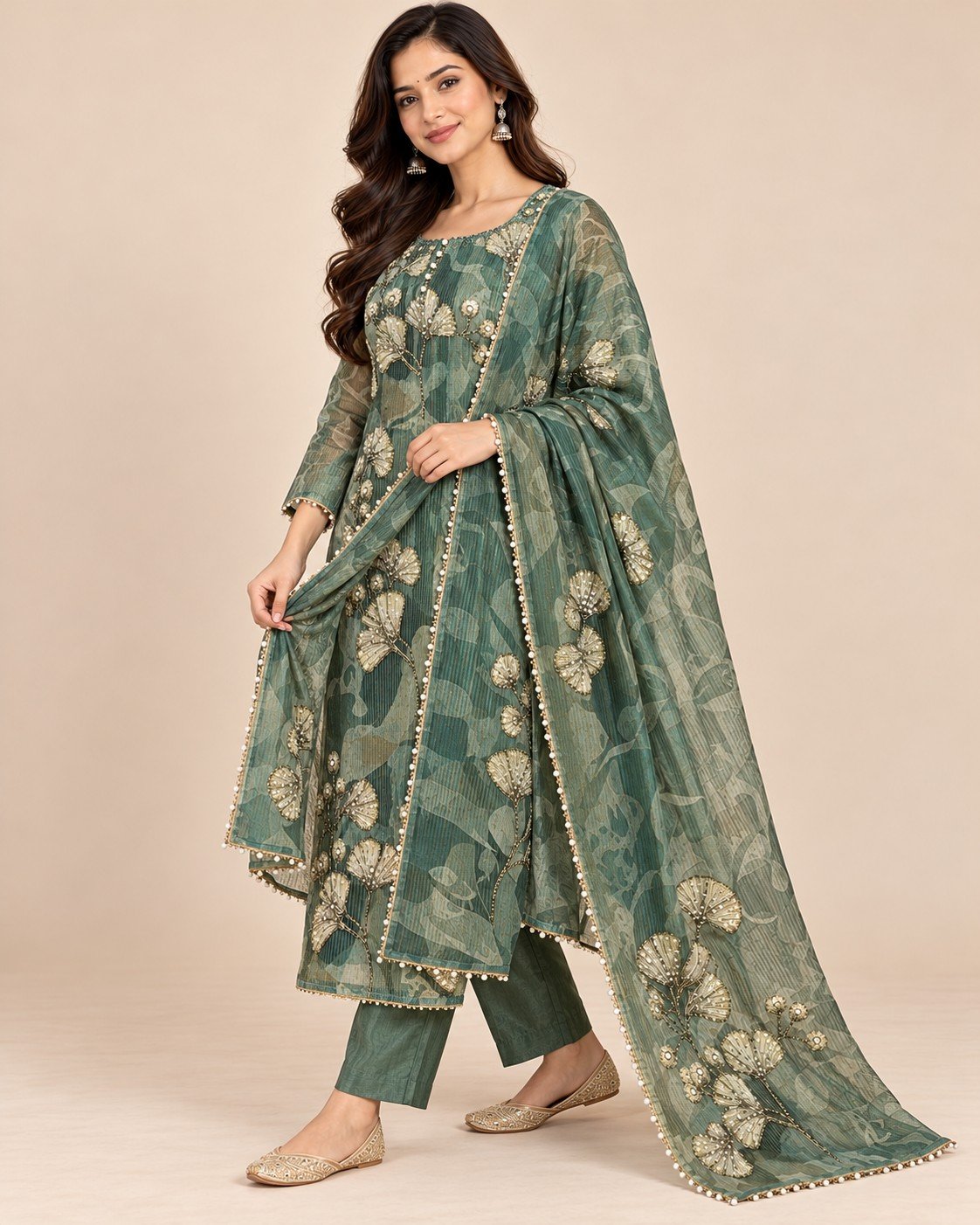 Ginkgo Leaf Embroidered Tissue Unstitched Suit Set - Image 12