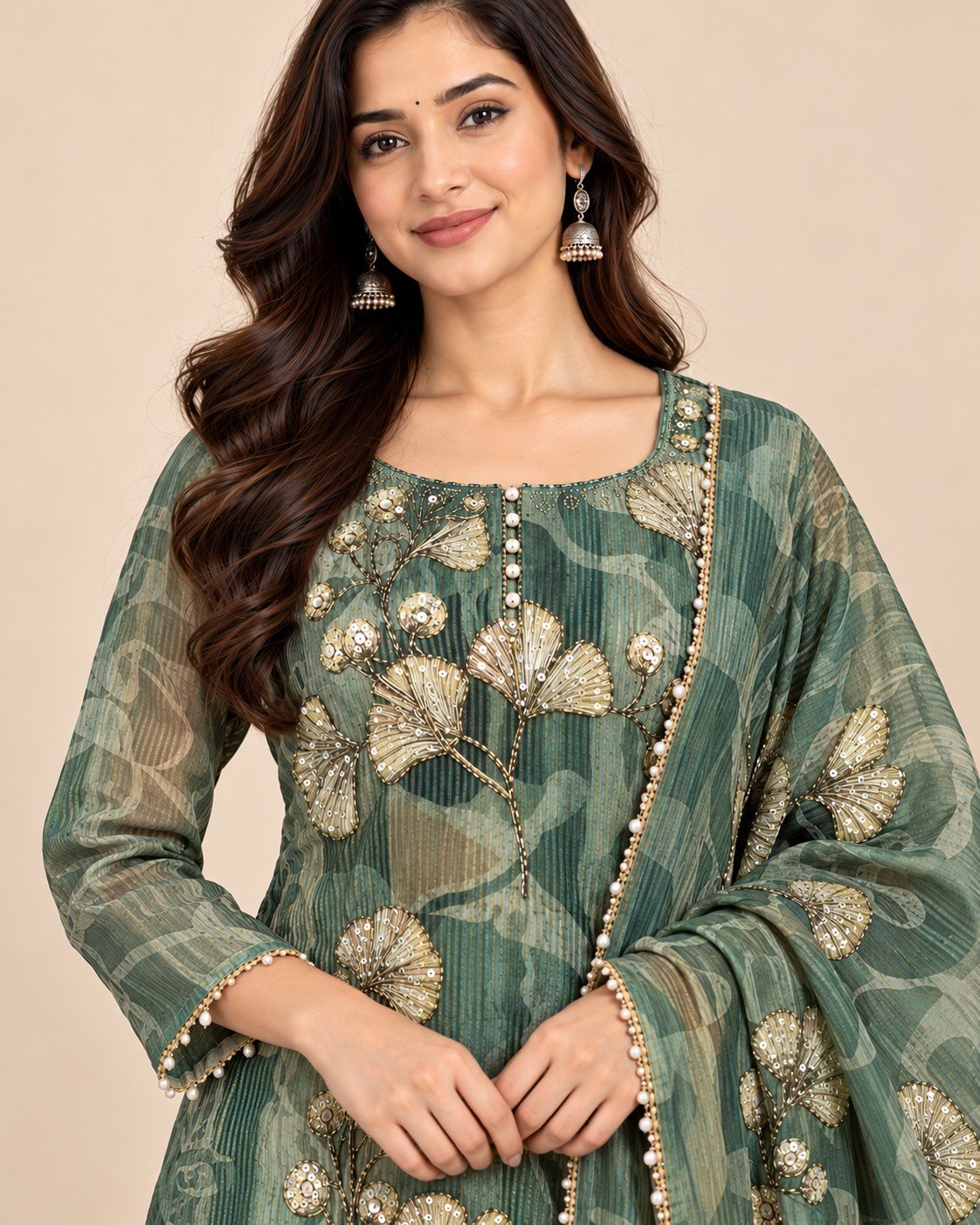 Ginkgo Leaf Embroidered Tissue Unstitched Suit Set - Image 13