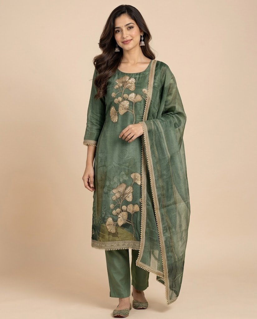 Ginkgo Leaf Embroidered Tissue Unstitched Suit Set - Image 8