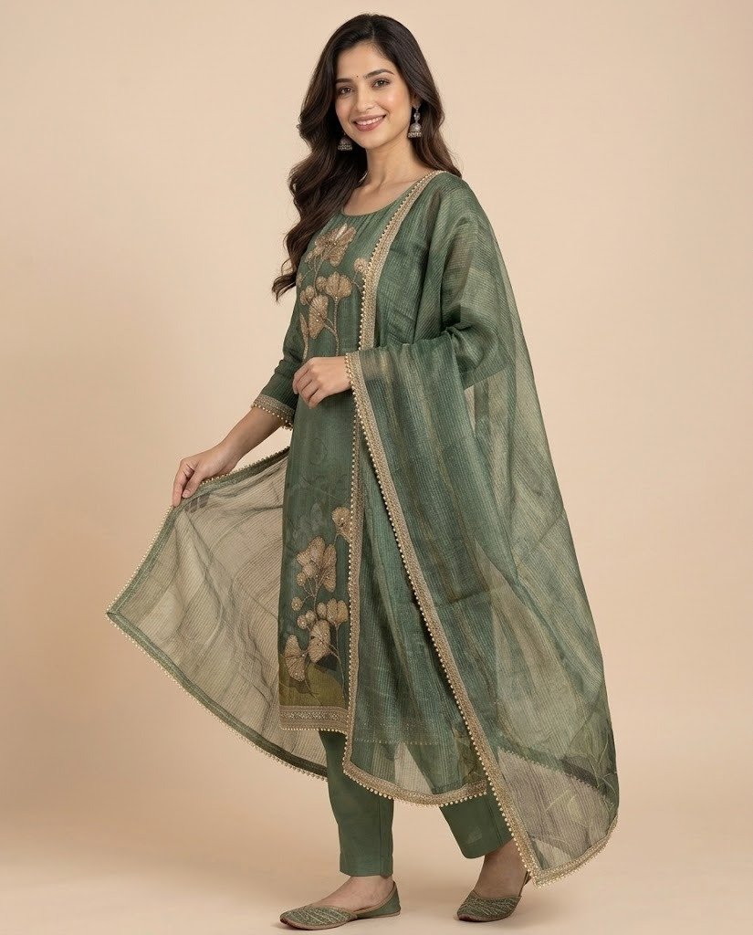 Ginkgo Leaf Embroidered Tissue Unstitched Suit Set - Image 9