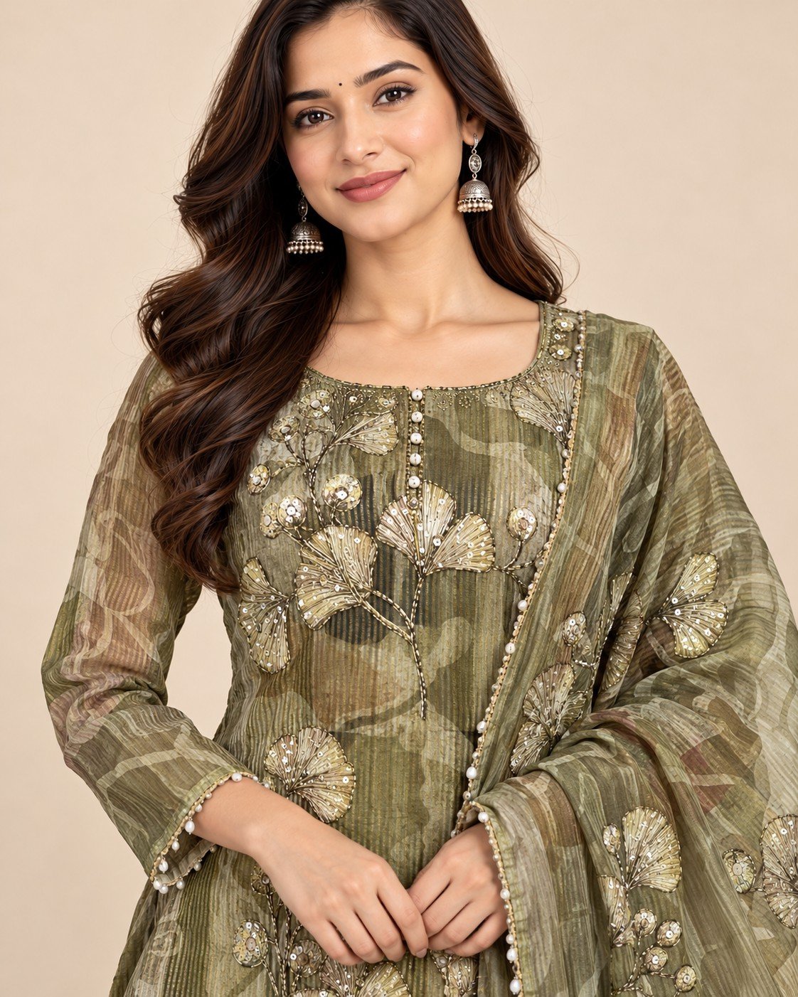 Ginkgo Leaf Embroidered Tissue Unstitched Suit Set - Image 10