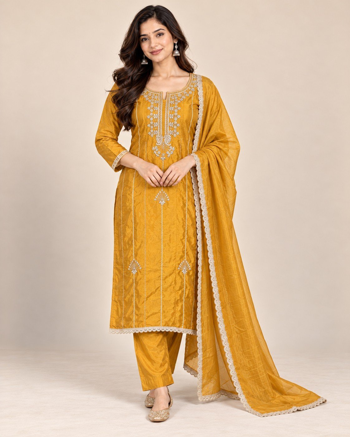 Zari Neckline Satin Silk Unstitched Suit Set - Image 5