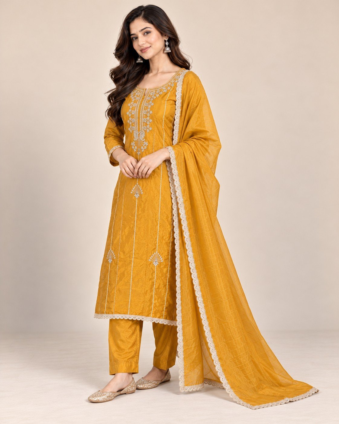 Zari Neckline Satin Silk Unstitched Suit Set - Image 6