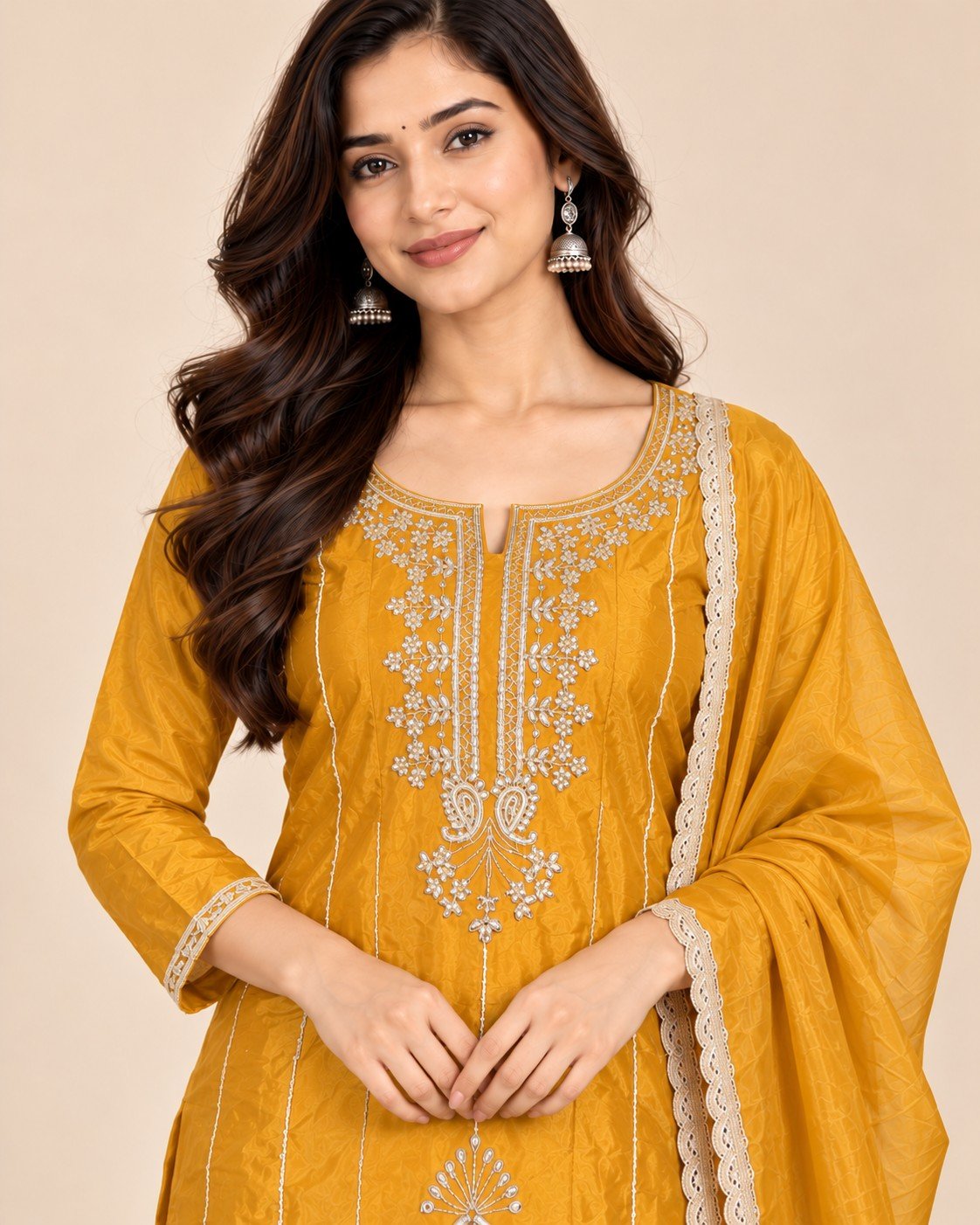 Zari Neckline Satin Silk Unstitched Suit Set - Image 7