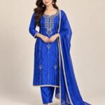 Zari Neckline Satin Silk Unstitched Suit Set