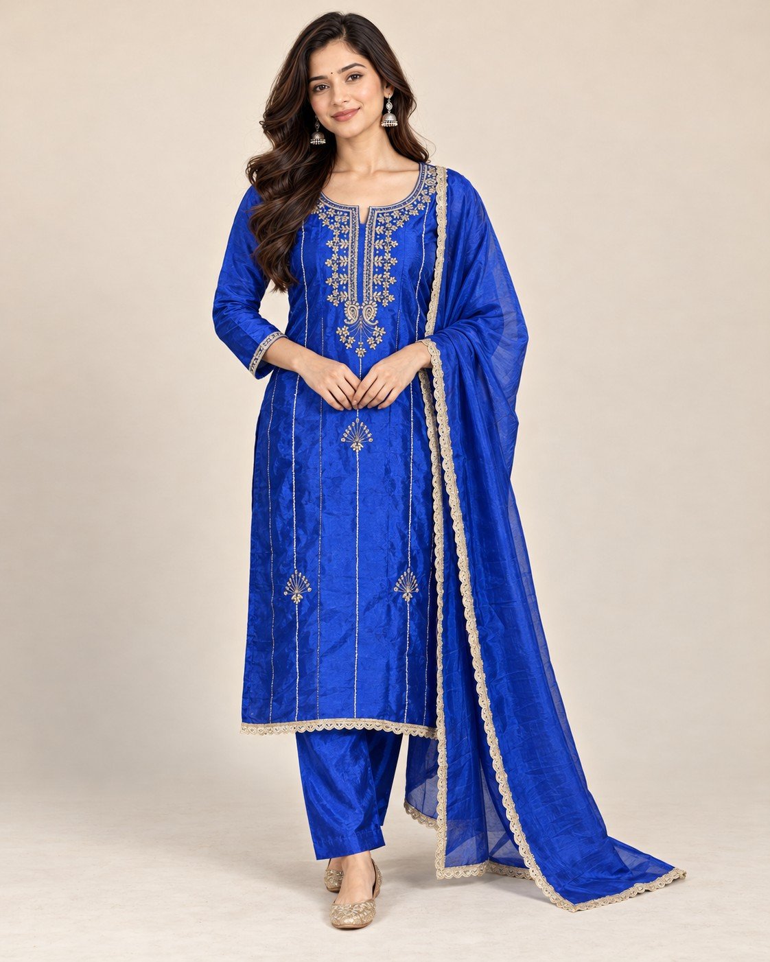 Zari Neckline Satin Silk Unstitched Suit Set