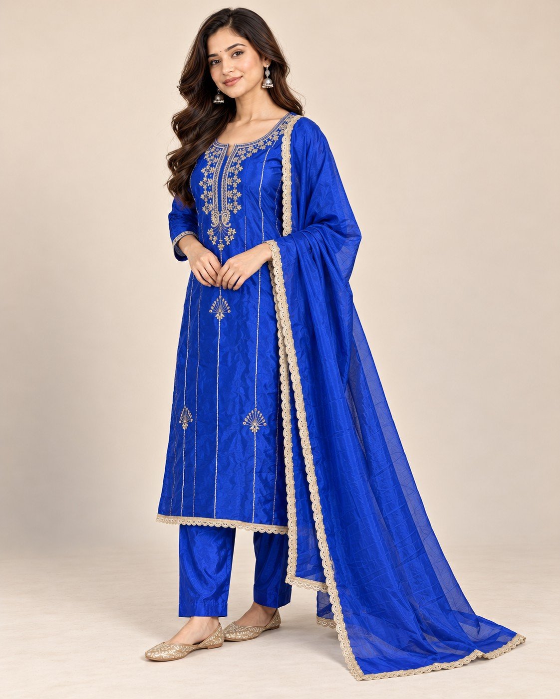 Zari Neckline Satin Silk Unstitched Suit Set - Image 3