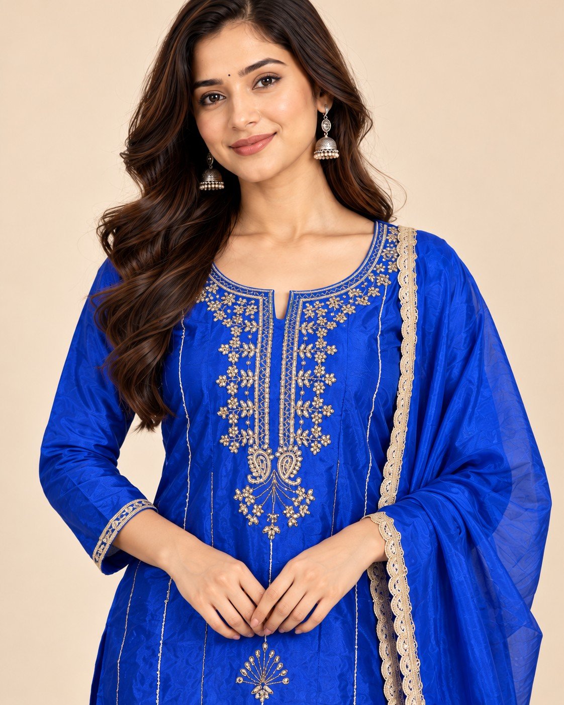 Zari Neckline Satin Silk Unstitched Suit Set - Image 4