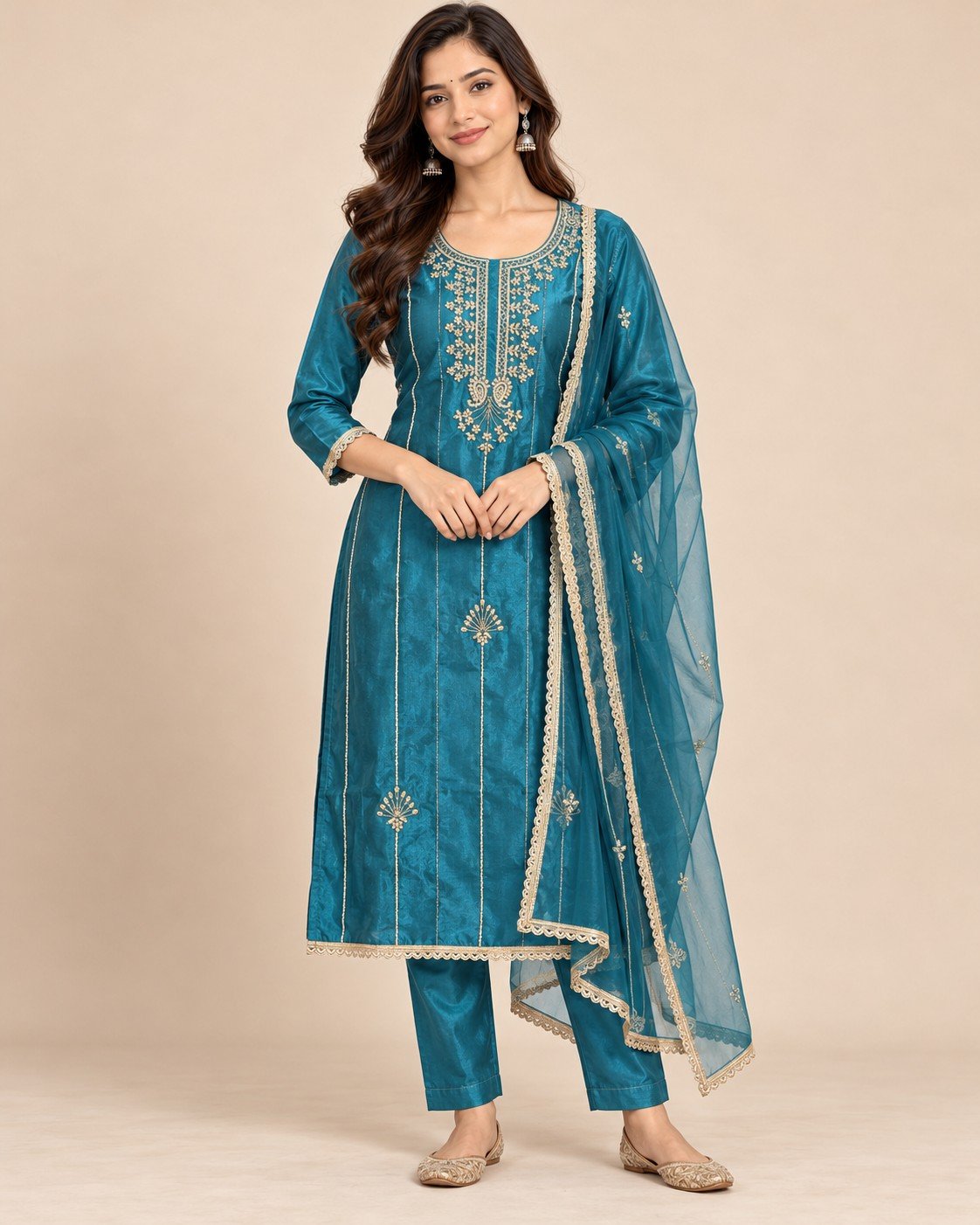 Zari Neckline Satin Silk Unstitched Suit Set - Image 8