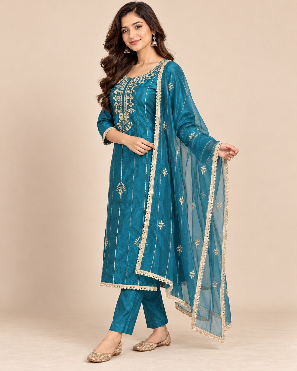 Zari Neckline Satin Silk Unstitched Suit Set - Image 9