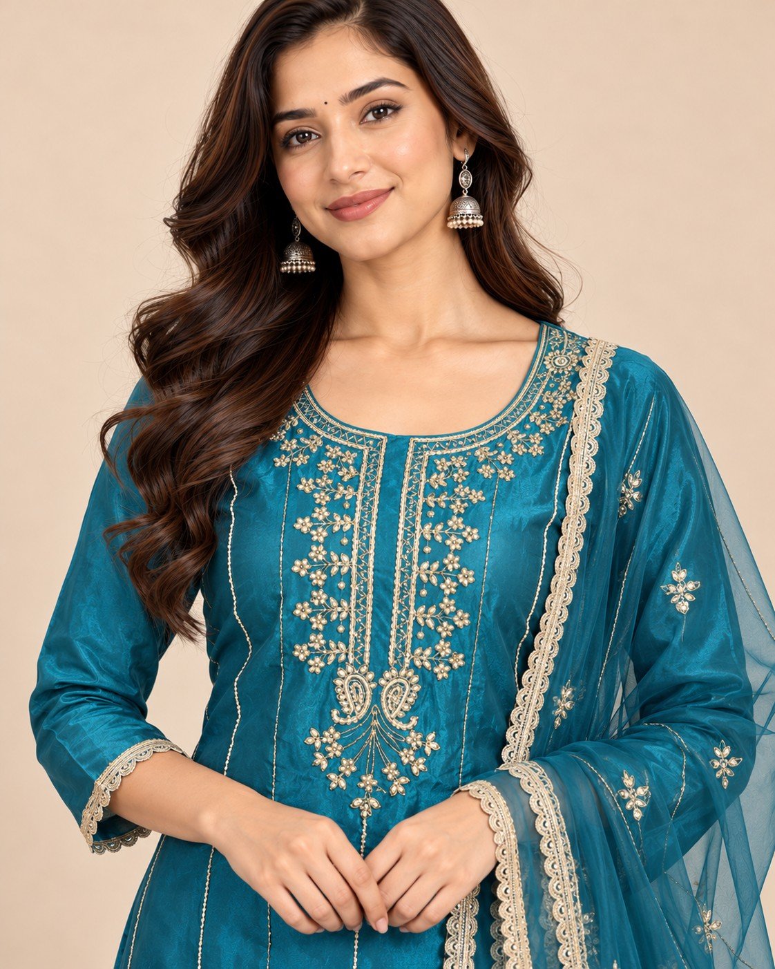 Zari Neckline Satin Silk Unstitched Suit Set - Image 10