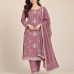 Silver Buta Embroidered Chinon Unstitched Suit Set