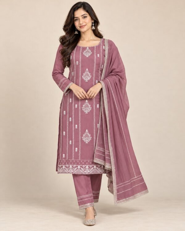 Silver Buta Embroidered Chinon Unstitched Suit Set