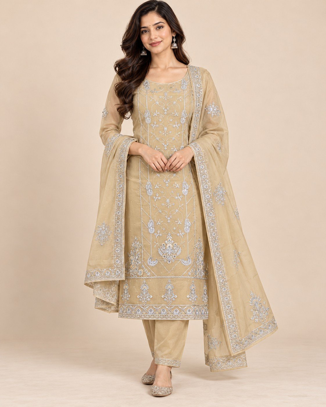 Silver Thread Embroidered Organza Unstitched Suit Set