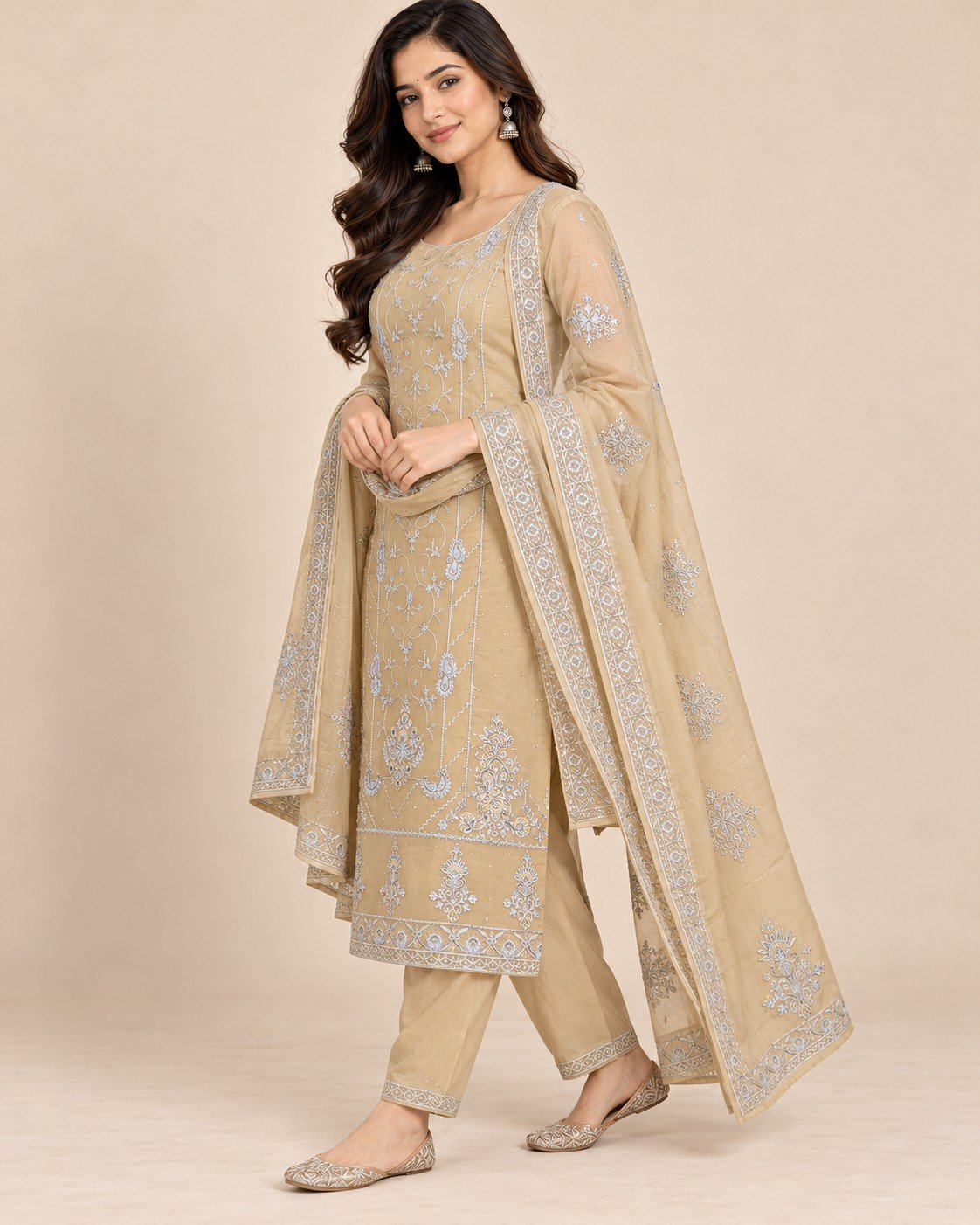 Silver Thread Embroidered Organza Unstitched Suit Set - Image 3