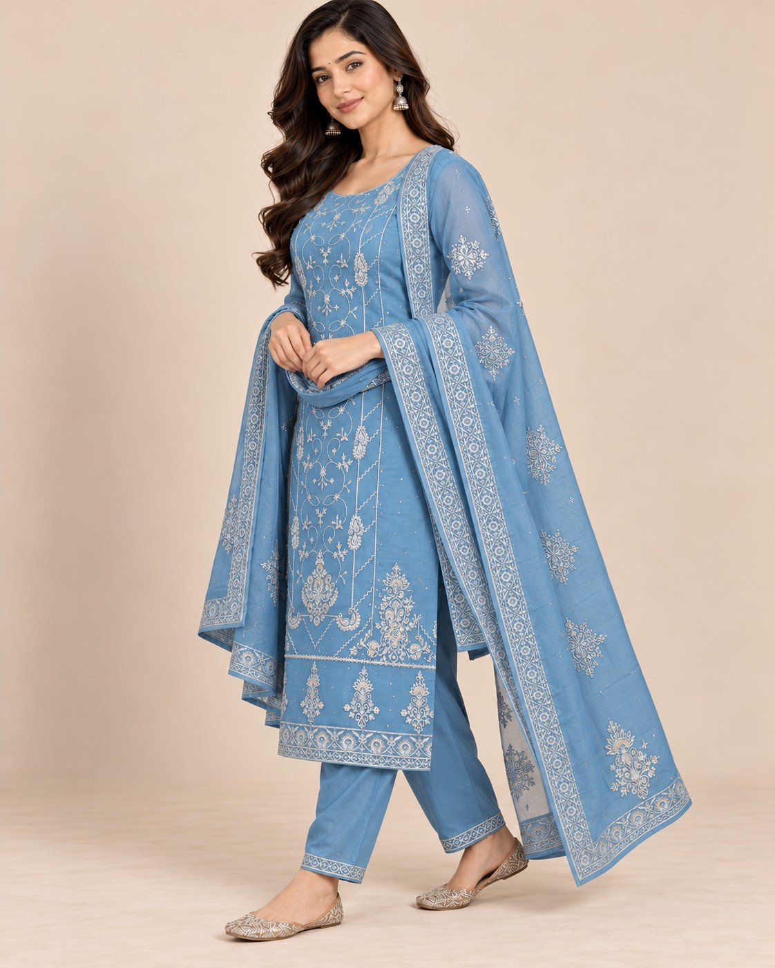 Silver Thread Embroidered Organza Unstitched Suit Set - Image 6