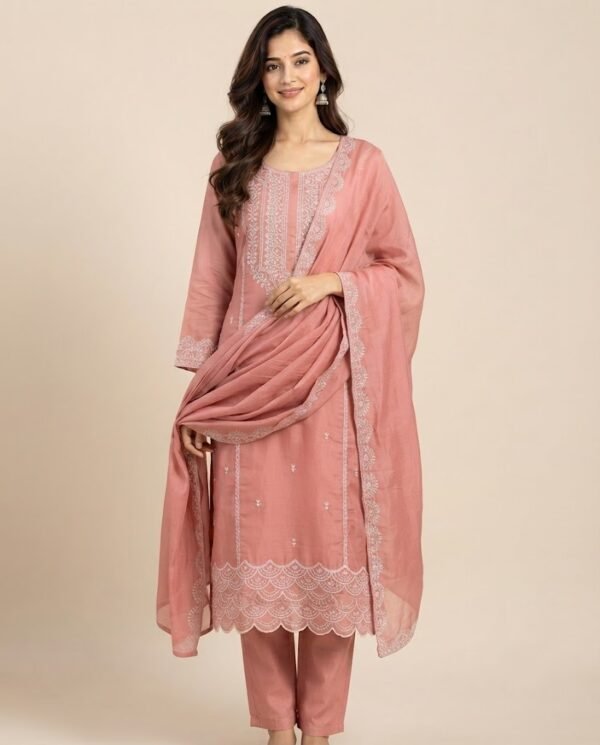 Chikankari Style Embroidered Unstitched Suit Set