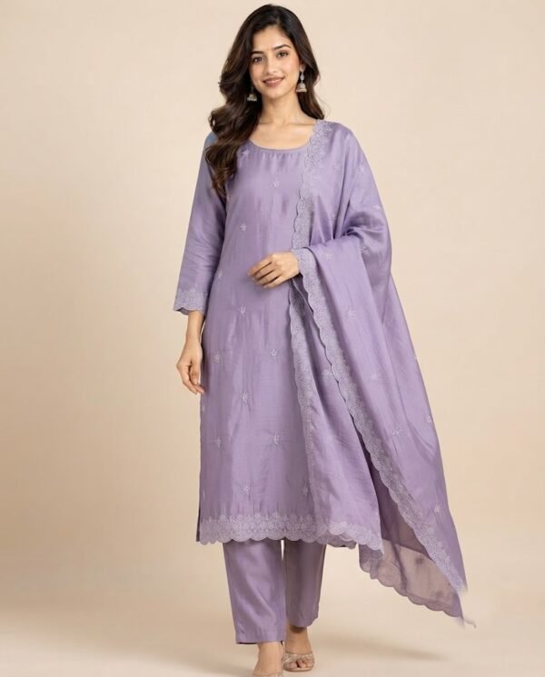 Minimal Embroidered Satin Unstitched Suit Set