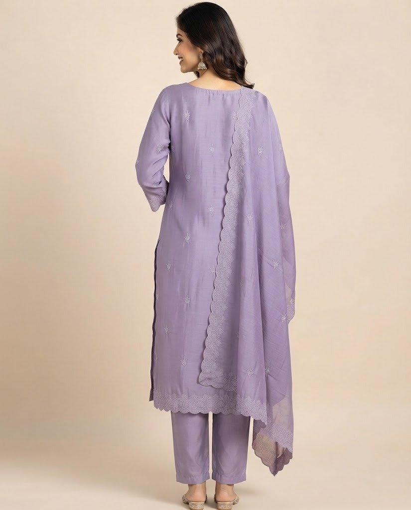 Minimal Embroidered Satin Unstitched Suit Set - Image 2