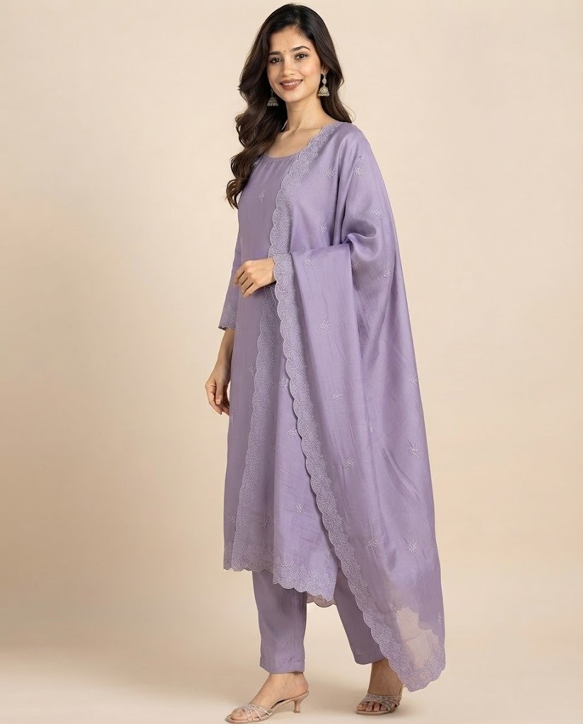 Minimal Embroidered Satin Unstitched Suit Set - Image 3