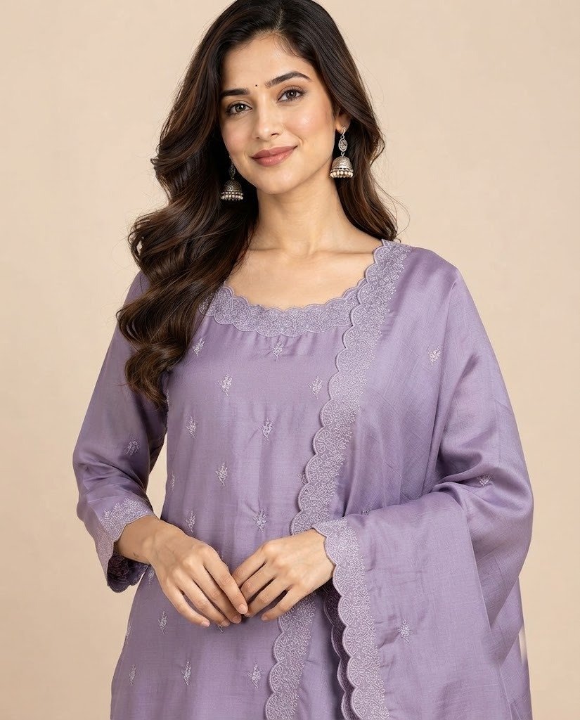Minimal Embroidered Satin Unstitched Suit Set - Image 4