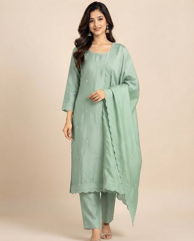 Minimal Embroidered Satin Unstitched Suit Set - Image 8