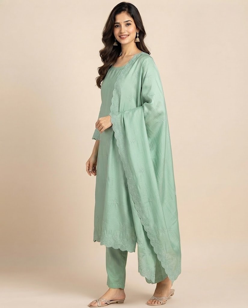 Minimal Embroidered Satin Unstitched Suit Set - Image 9
