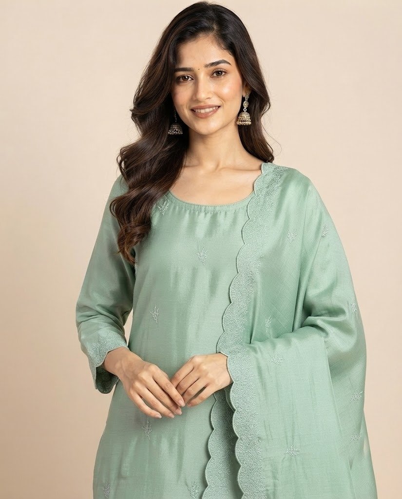 Minimal Embroidered Satin Unstitched Suit Set - Image 10