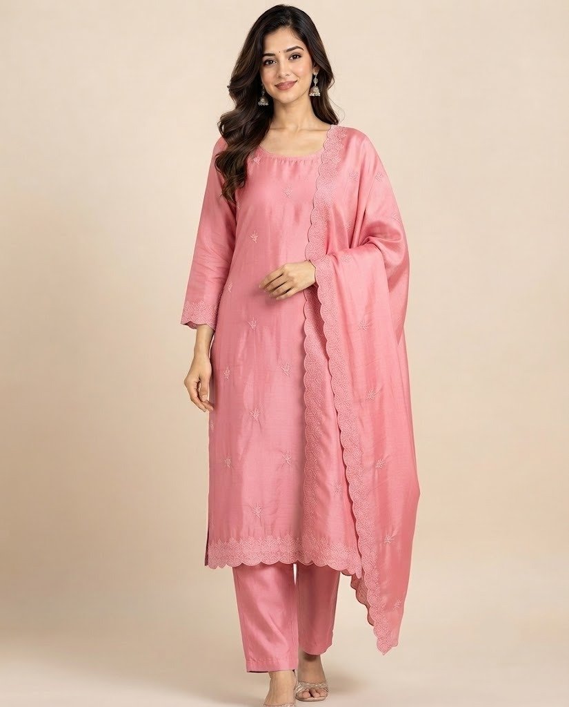 Minimal Embroidered Satin Unstitched Suit Set - Image 5