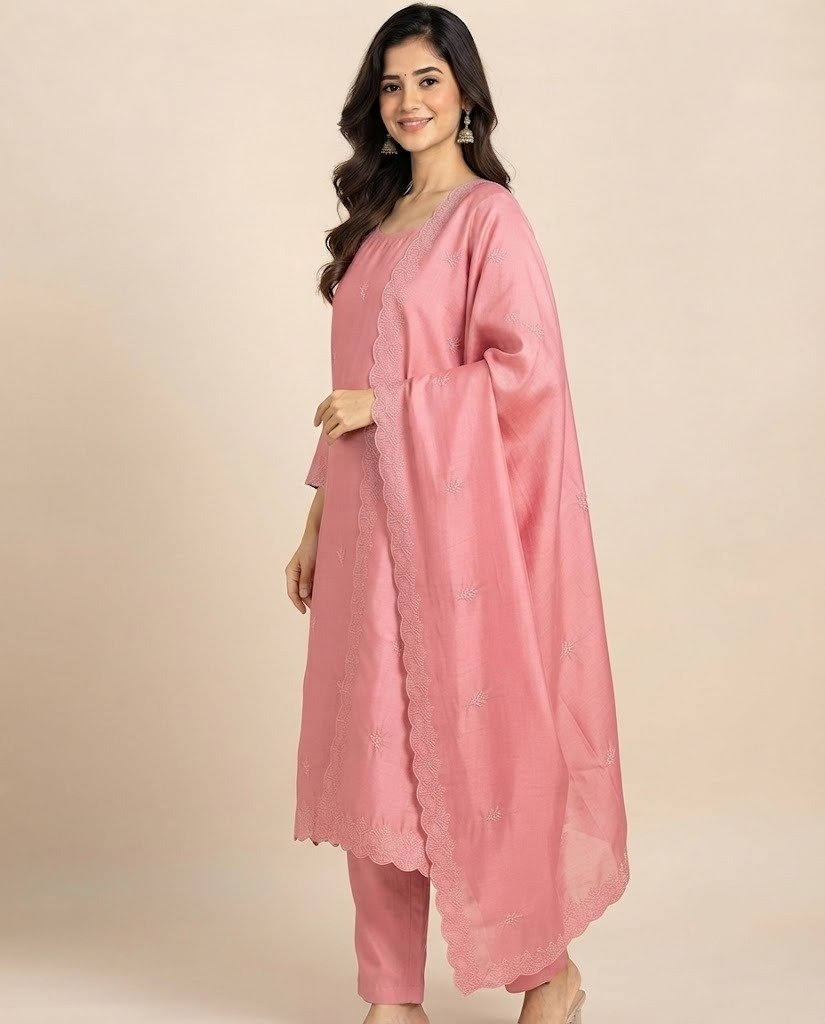 Minimal Embroidered Satin Unstitched Suit Set - Image 6
