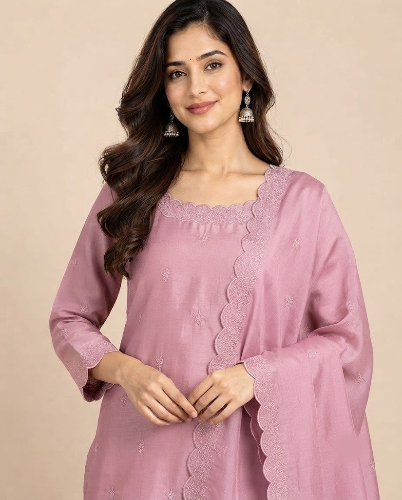 Minimal Embroidered Satin Unstitched Suit Set - Image 7