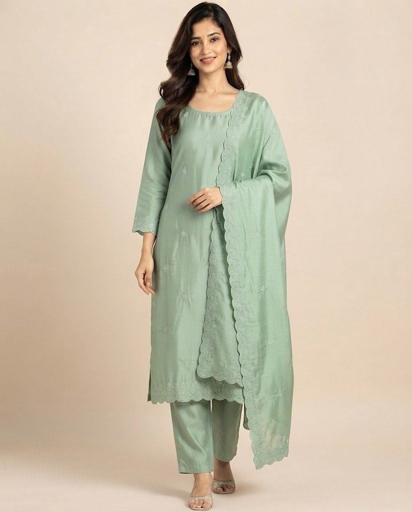 Minimal Embroidered Satin Unstitched Suit Set - Image 11