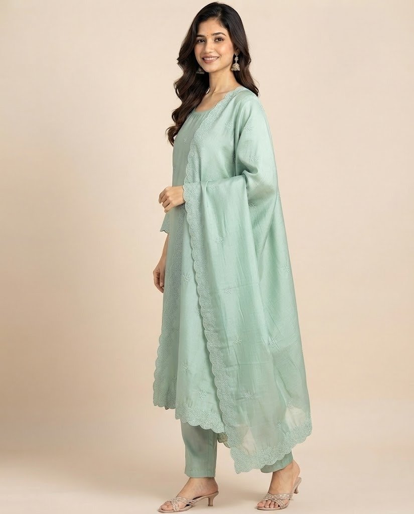 Minimal Embroidered Satin Unstitched Suit Set - Image 12