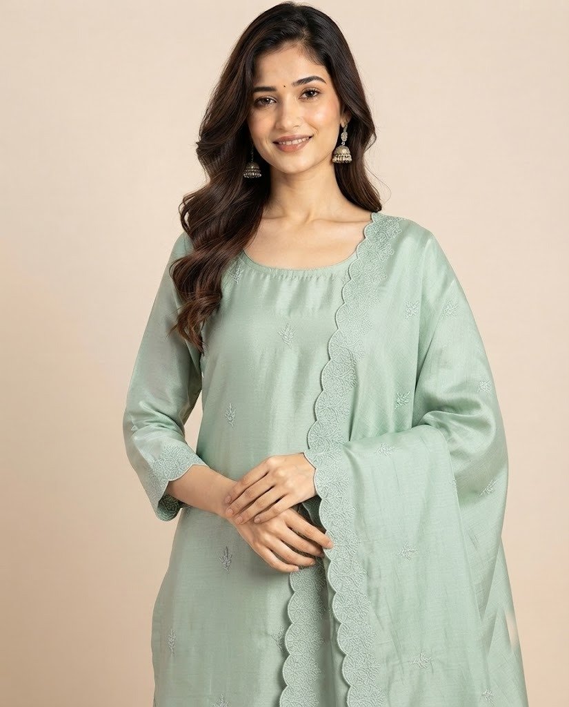 Minimal Embroidered Satin Unstitched Suit Set - Image 13