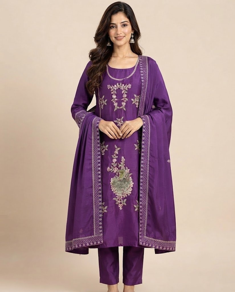 Peacock Handwork Silk Unstitched Suit Set - Image 5