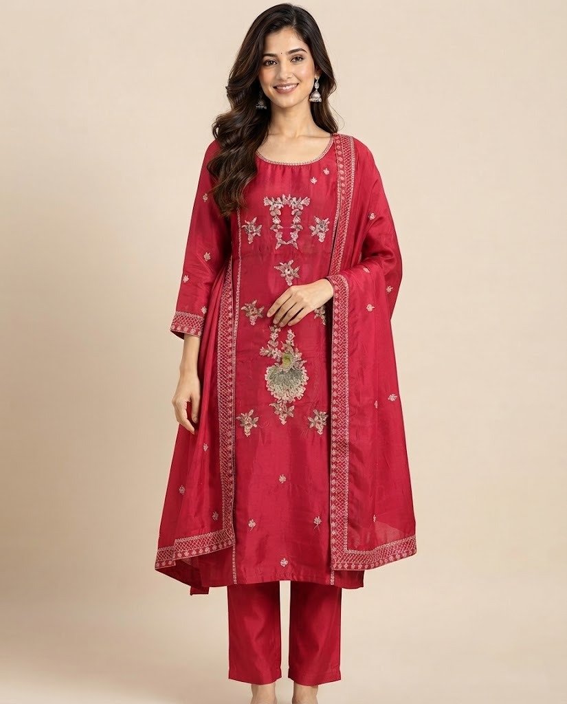 Peacock Handwork Silk Unstitched Suit Set