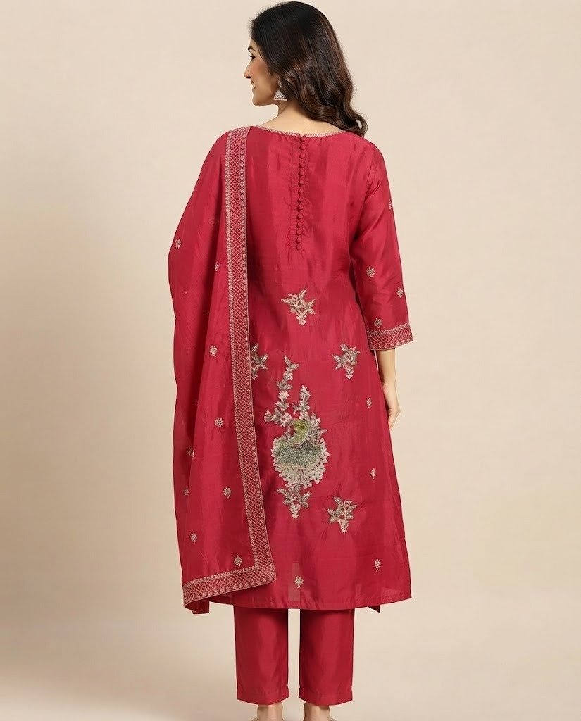 Peacock Handwork Silk Unstitched Suit Set - Image 2
