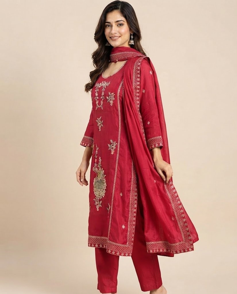 Peacock Handwork Silk Unstitched Suit Set - Image 3