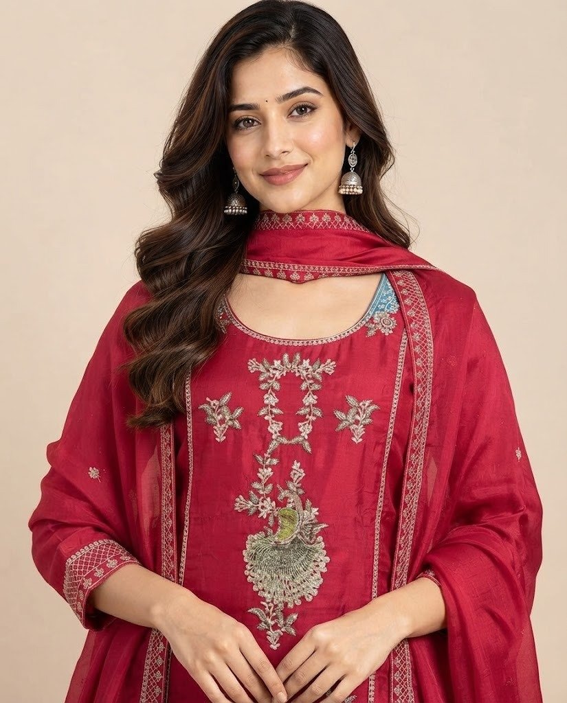 Peacock Handwork Silk Unstitched Suit Set - Image 4