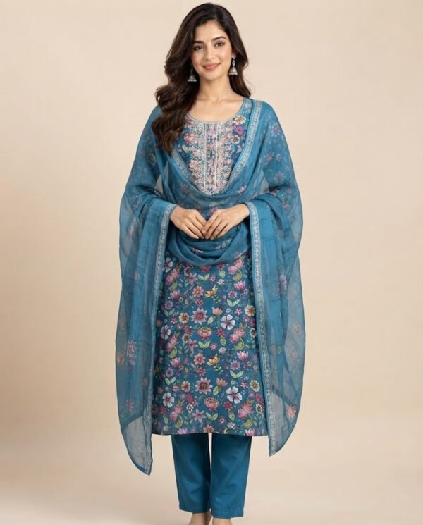 Floral Print Embroidered Muslin Unstitched Suit Set