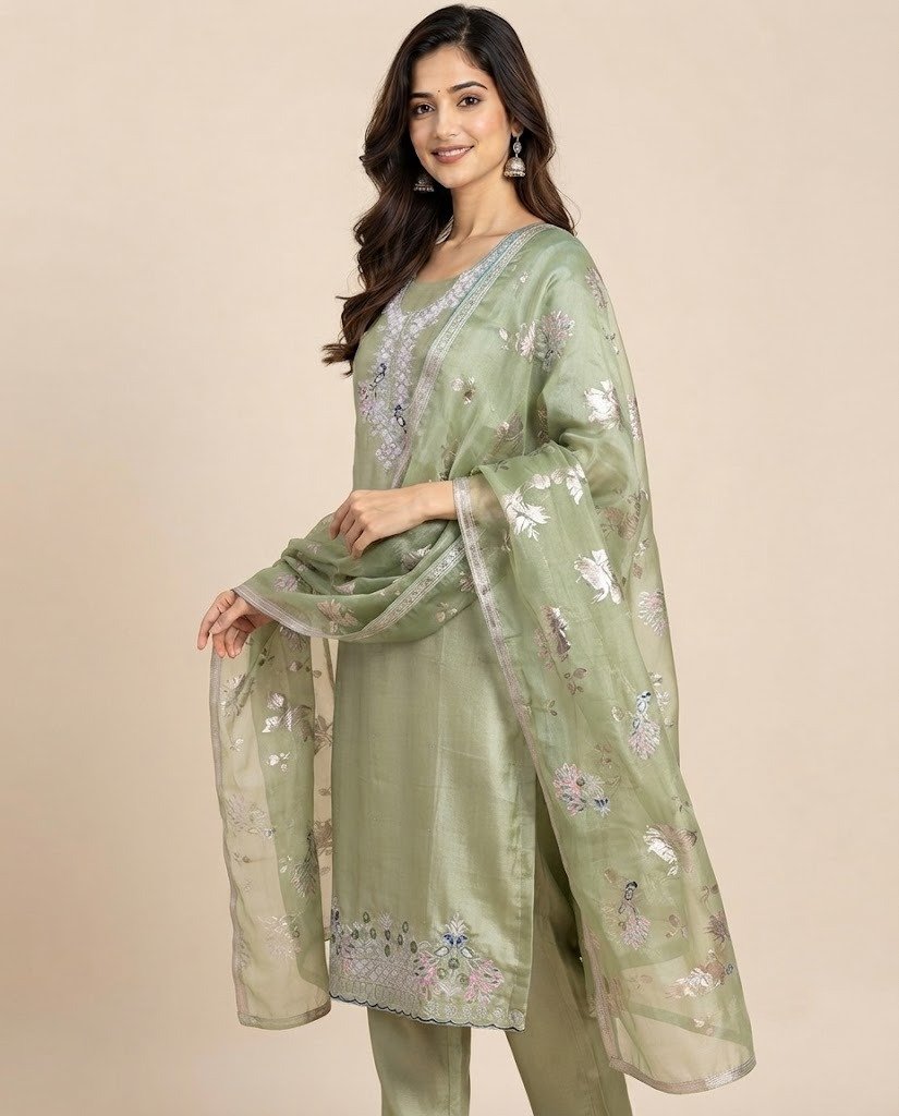 Bird Embroidered Tissue Unstitched Suit Set - Image 3