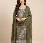 Olive Floral Embroidered Tissue Unstitched Suit Set
