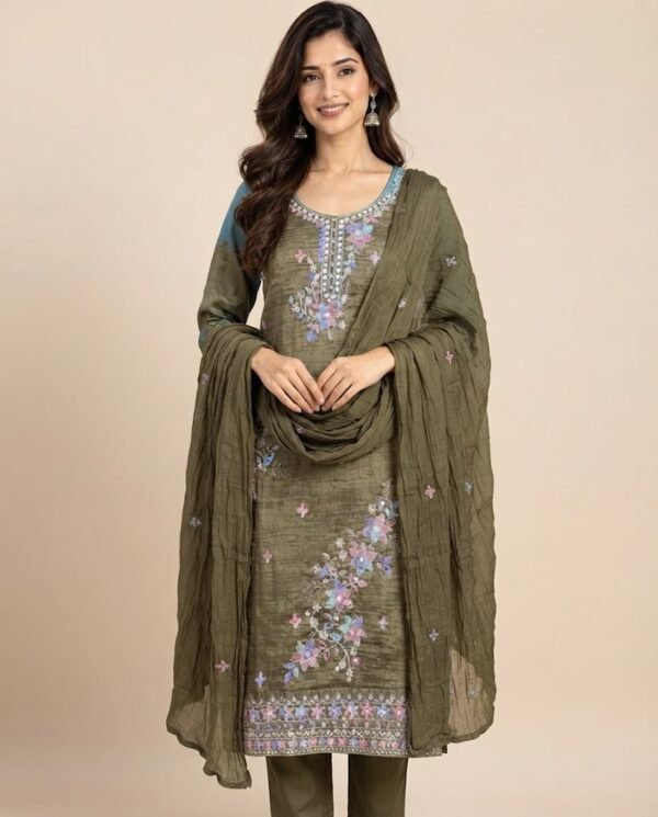 Olive Floral Embroidered Tissue Unstitched Suit Set