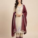 Ivory Cutdana Work Satin Unstitched Suit Set