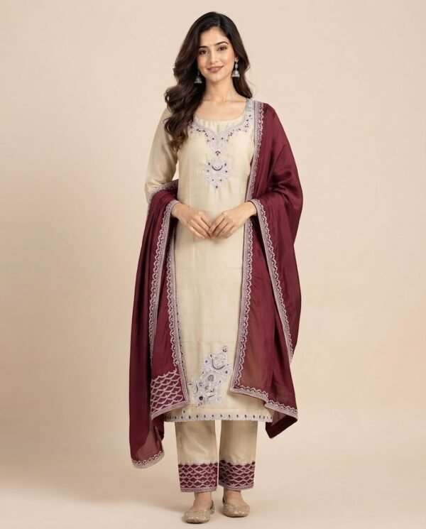Ivory Cutdana Work Satin Unstitched Suit Set