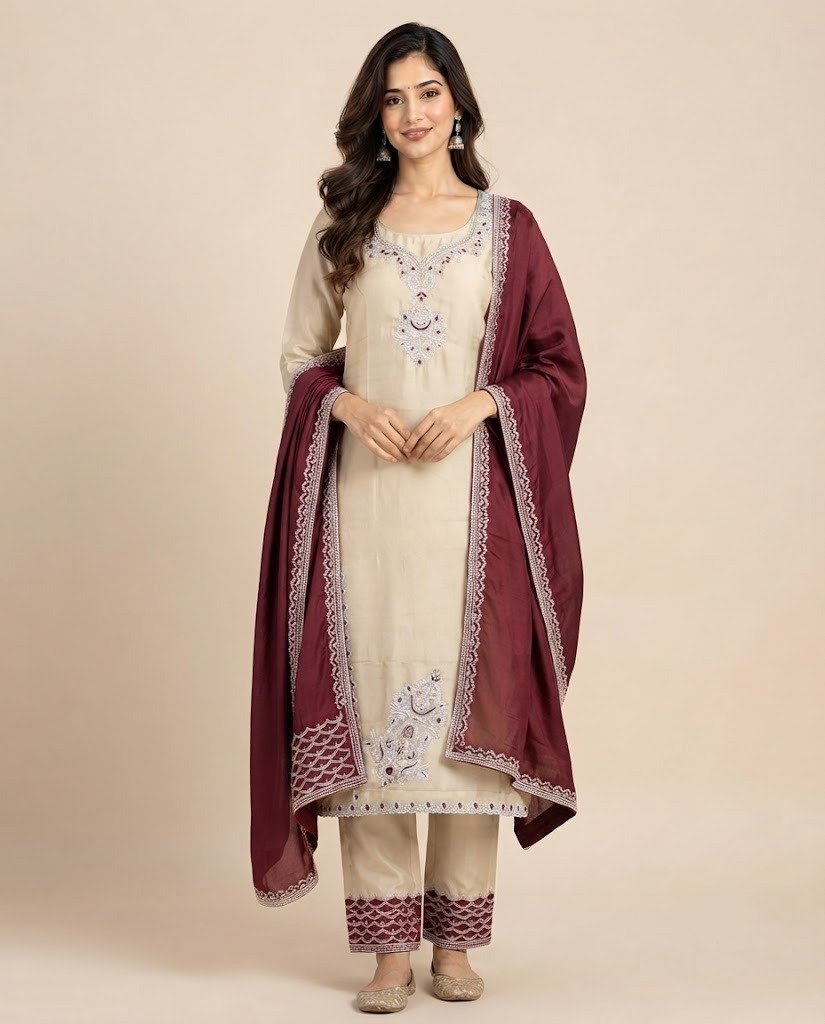 Ivory Cutdana Work Satin Unstitched Suit Set