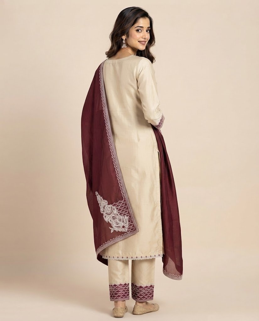 Ivory Cutdana Work Satin Unstitched Suit Set - Image 2